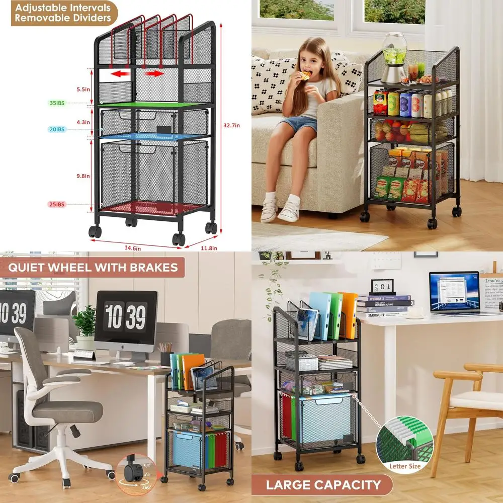 

Регулируемый шкаф для хранения с разделителями, 4-уровневая мобильная стеллажная система с замком, тележка-органайзер для подвесных файлов, передвижная тележка для документов формата Letter