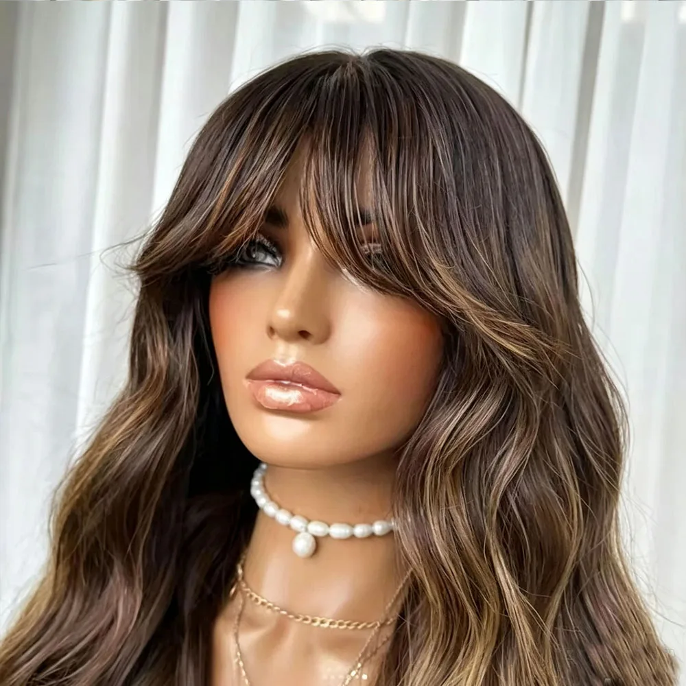 Highlights Blonde Brown 5X5 Full Lace Echthaarperücken für Frauen mit Pony, natürliche Welle, klebefrei, 13x6 Lace Front Echthaarperücke – Detail 2