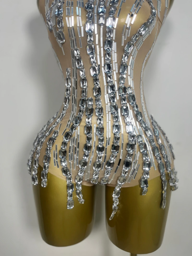 Women Party Nightclub Team Performance Costume Show Stage Wear Sparkly Rhinestone Chain Sexy Transparent Sleeveless Bodysuit
