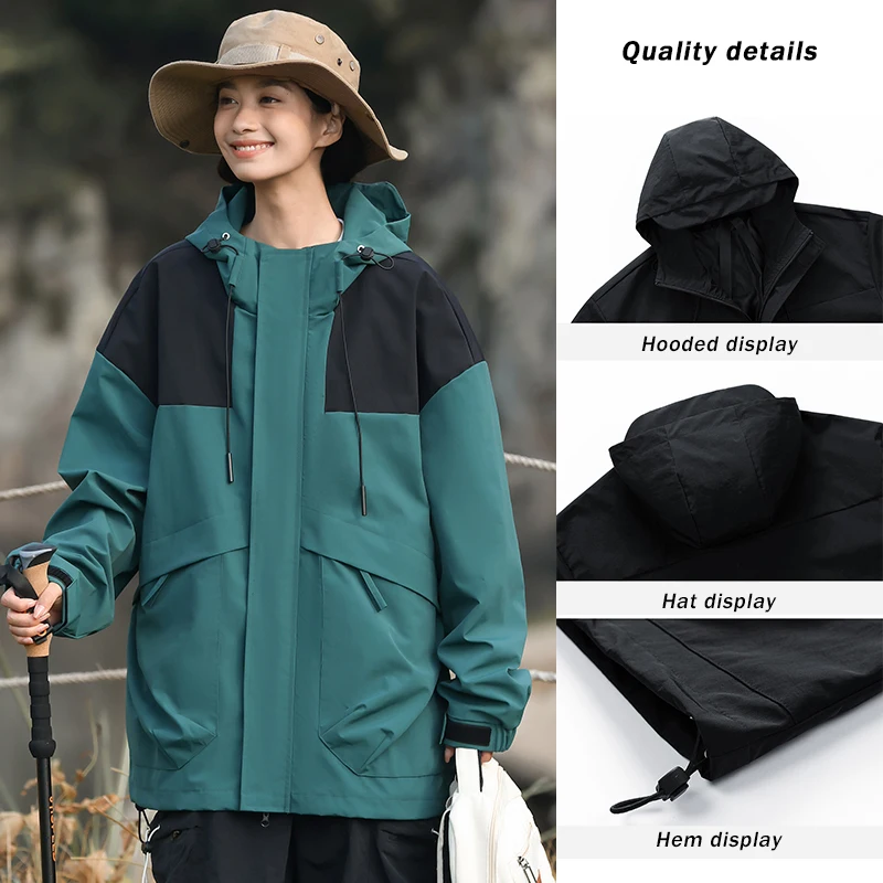 Spring Autumn Couple Waterproof Casual Jacket Stitching Color Hiking Coat  Women\'s Outdoor Camping Windproof Coats Hooded Jacket