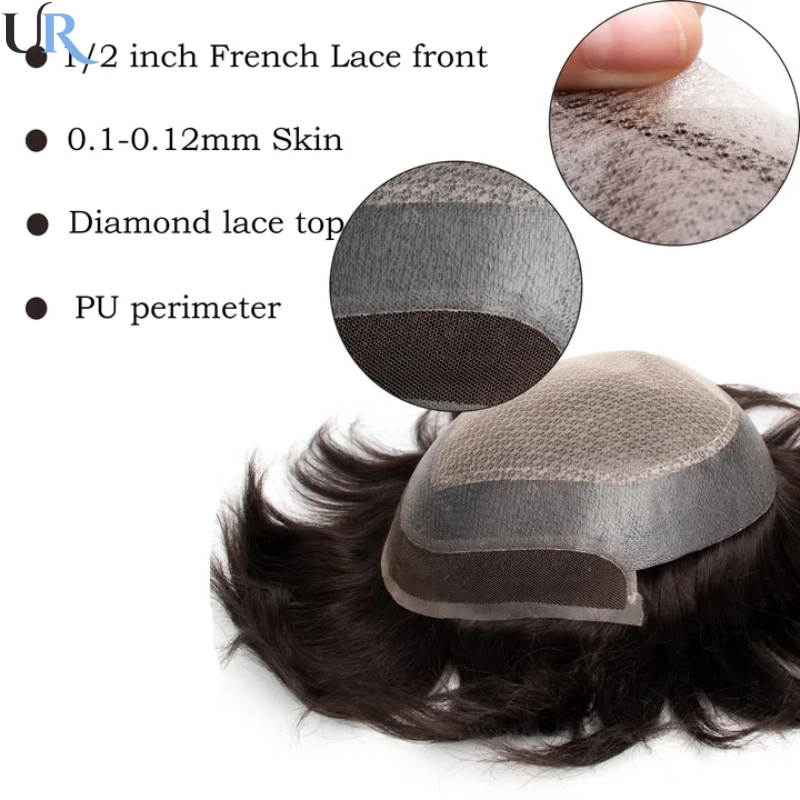 Toupet injBase avec dentelle suisse pour homme, perruque en PU autour, cuir chevelu naturel à la recherche de Wiltshire, nœuds blanchis, perruques de remplacement de cheveux naturels