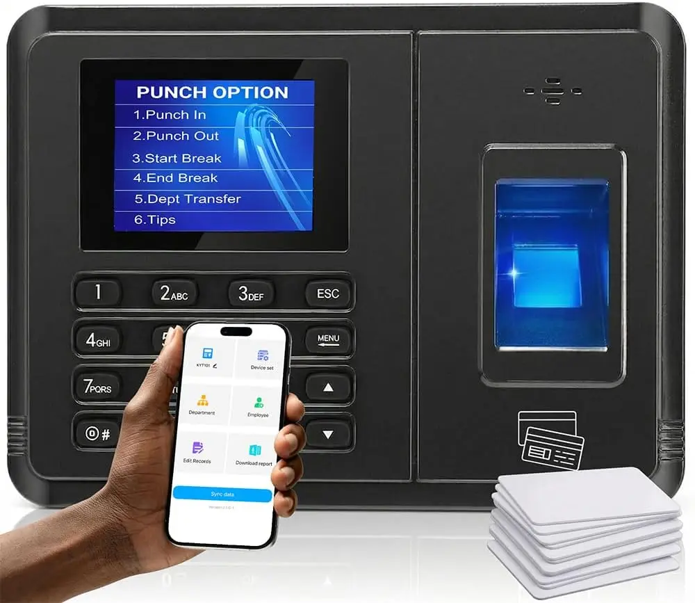 

App-Controlled Biometric Fingerprint Time Clock System: 5s Fast Connection, Customizable Rules, 4 Payroll Reports, 10 IC Cards