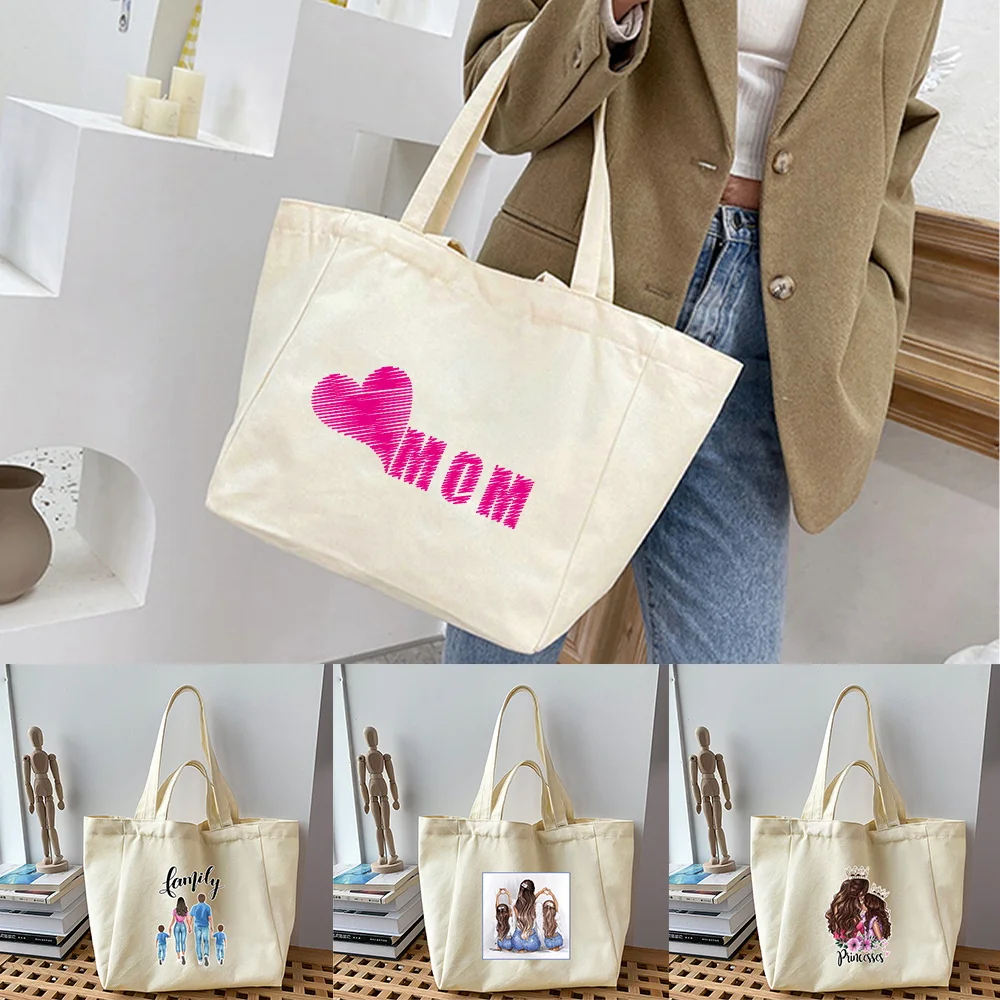 2024 New Shopping Bags Fashion Mom Series Graphic Print Handbag Casual Shoulder Bags Girls Tote Bag Women Eco Canvas Shopper Bag