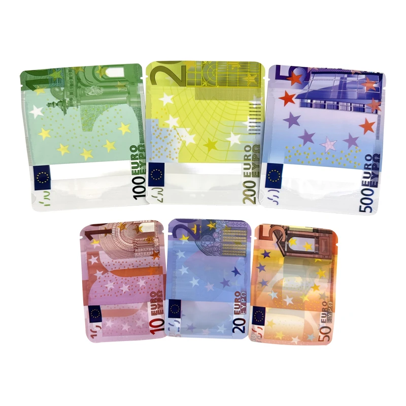 10€ 20€ 50€ 100€ 200€ 500€ Bills Paper Zip lock Bag Small Pouch With Clear Window 1-3.5G Mylar Small Bag Customized Design EURO