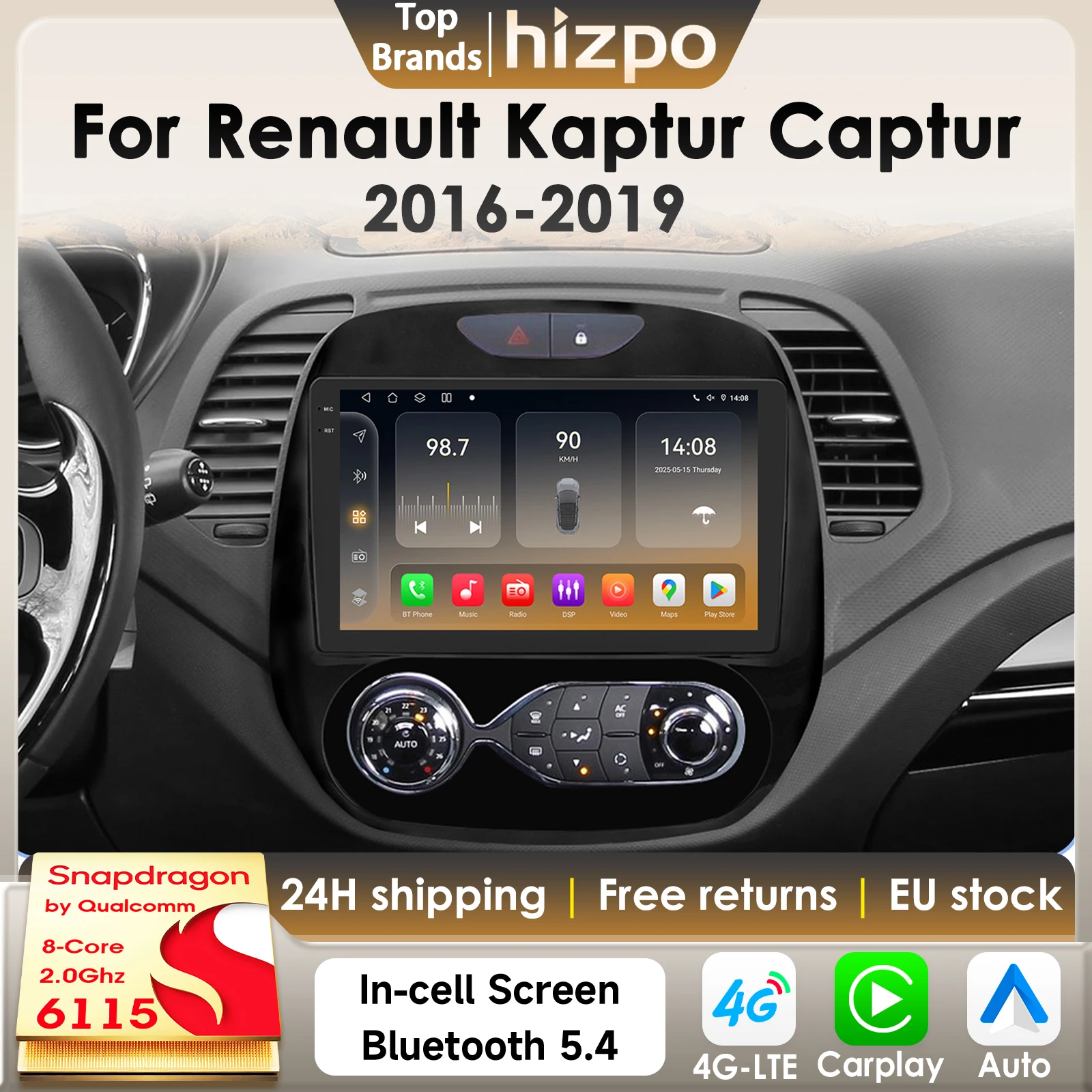 Hizpo 2Din Android 14 Autoradio für Renault Kaptur Captur 2016–2019 Auto-Multimedia-GPS 4G Carplay von Qualcomm Snapdragon 6115