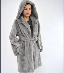 Warm Fashionable Real Mink Fur Coat Long Winter Outerwear with Hat 100% Mink New 2024