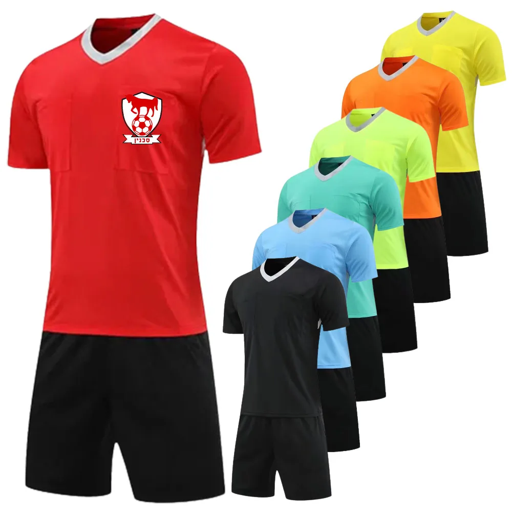 

Men Referee Soccer Jersey Sets Professional V-neck Football Referee Uniform Short Sleeve Match Judge Pockets Shirt And Shorts