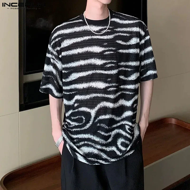 INCERUN Tops 2024 Korean Style Fashion Men\'s Zebra Pattern Perspective Jacquard T-shirt Casual Loose Short Sleeve Camiseta S-5XL