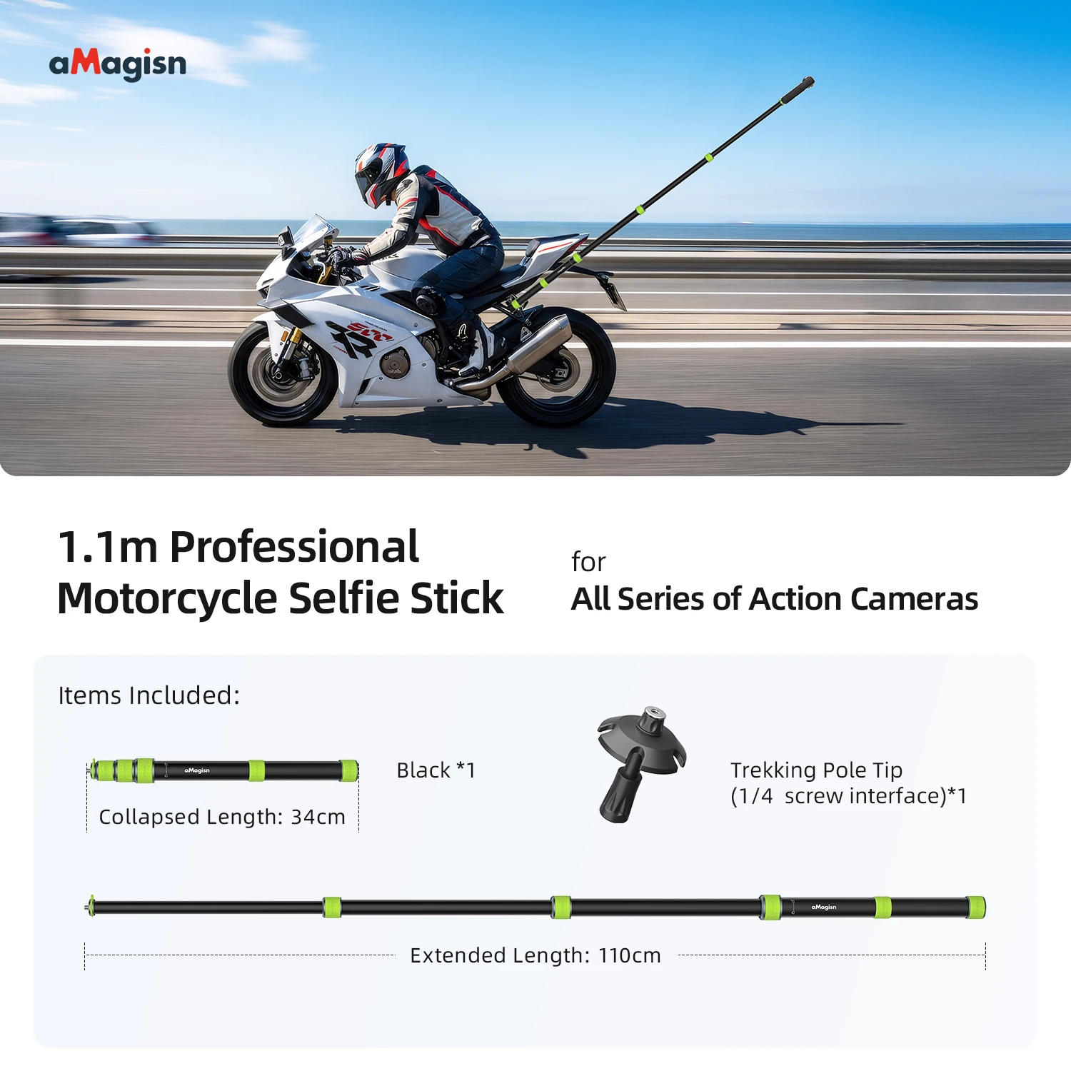 aMagisn 1.5m / 1.1m Motorcycle Selfie Stick 1/4” Threaded Metal Telescopic Pole for GoPro DJI Insta360 X6 X5 X4 Air Accessories image 3