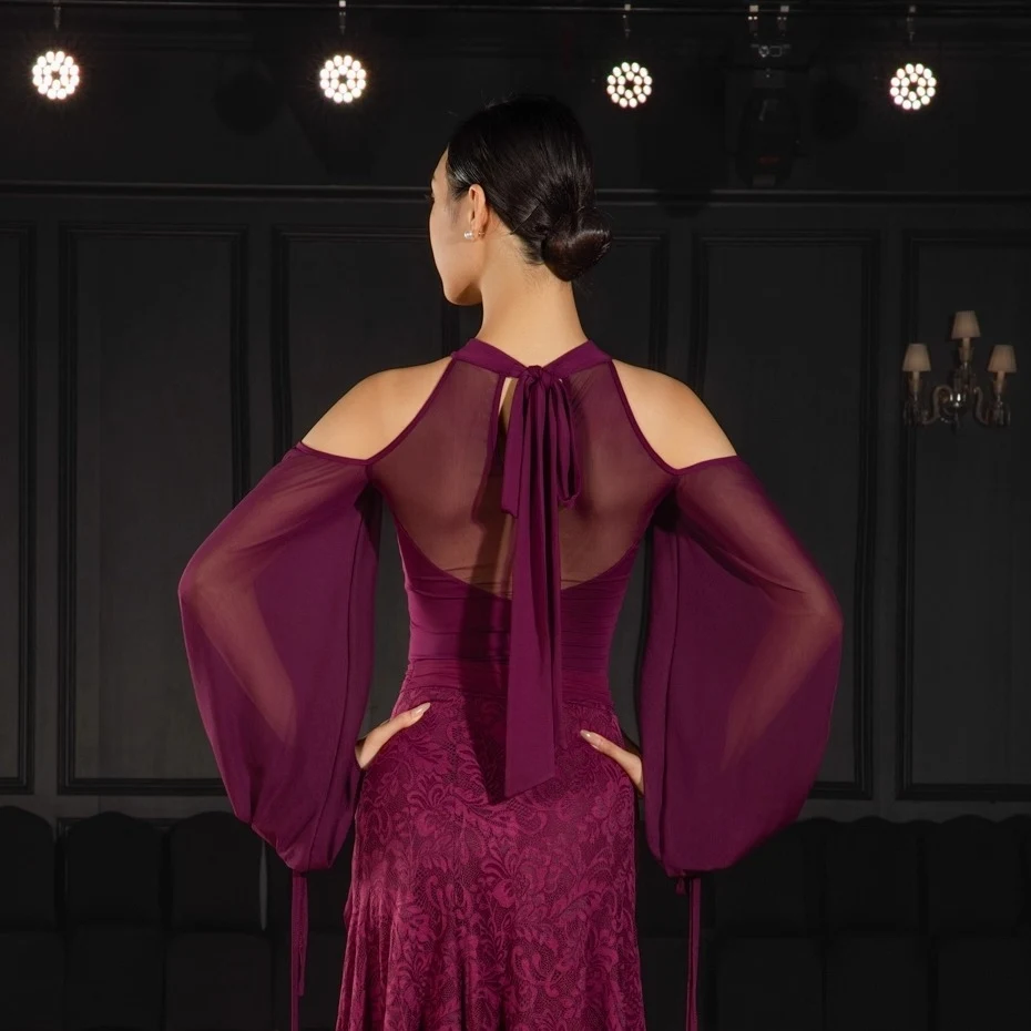 2025 Wals Dans Kleding Ballroom Dansvoorstelling Kostuum Vrouwen Mesh Lange Mouwen Tops Volwassen Praktijk Slijtage Paars Tops BL 17171