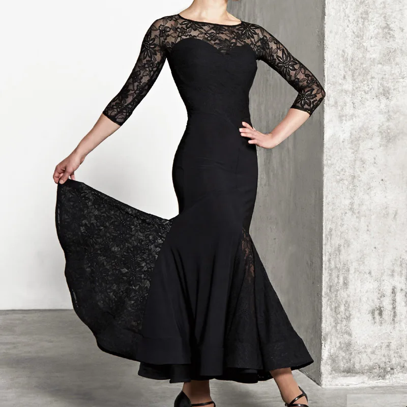 

Modern National Standard Dance Dress New Round Neck Lace Backless Swing Performance Skirt