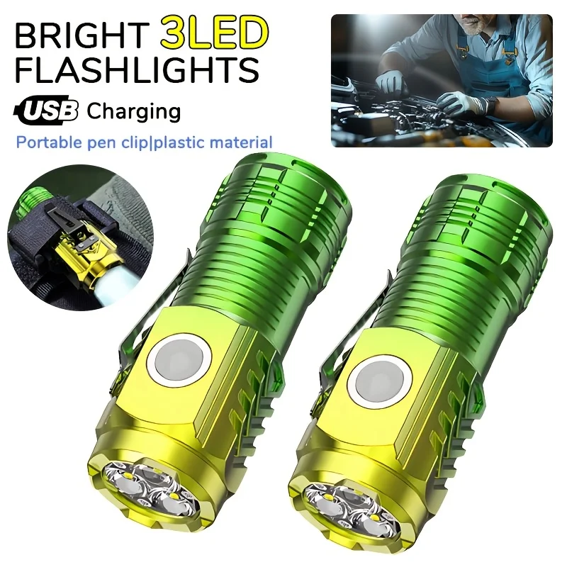 3LED Super Bright Flashlight Portable Mini Burst Flash Torch Rechargeable Outdoor Waterproof Emergency Spotlight with Pen Clip