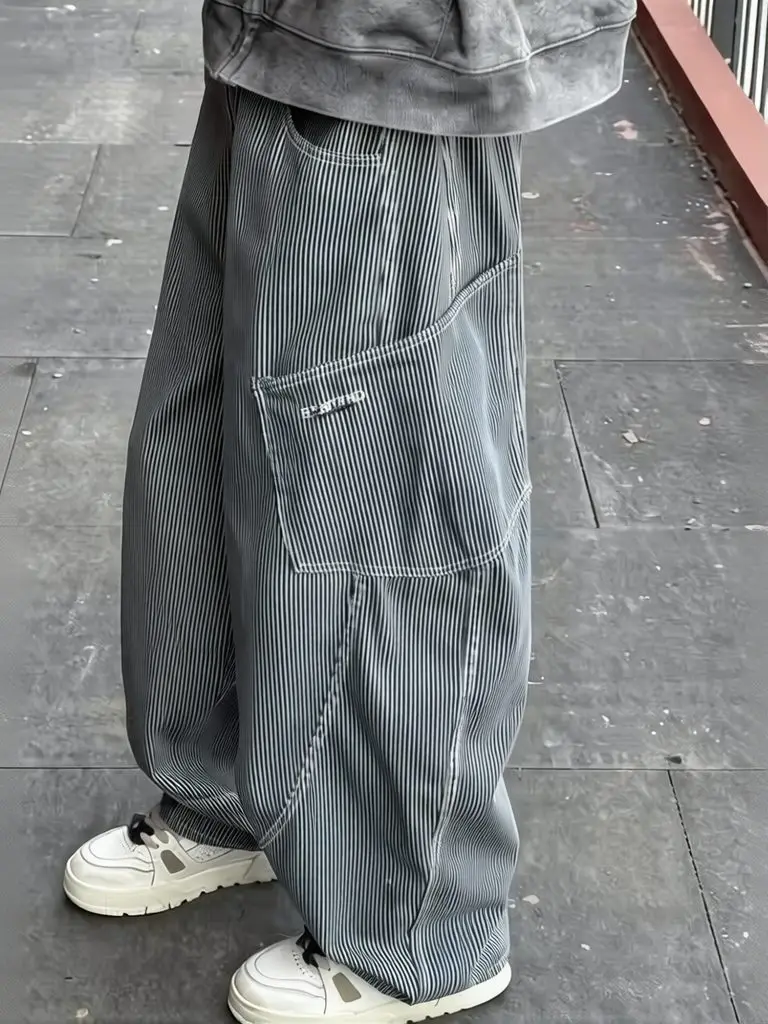 Vintage Striped Cargo Baggy Pants Men Streetwear Wide Leg Straight Trouser Casual Workwear Multi-pocket Loose Curved Pants