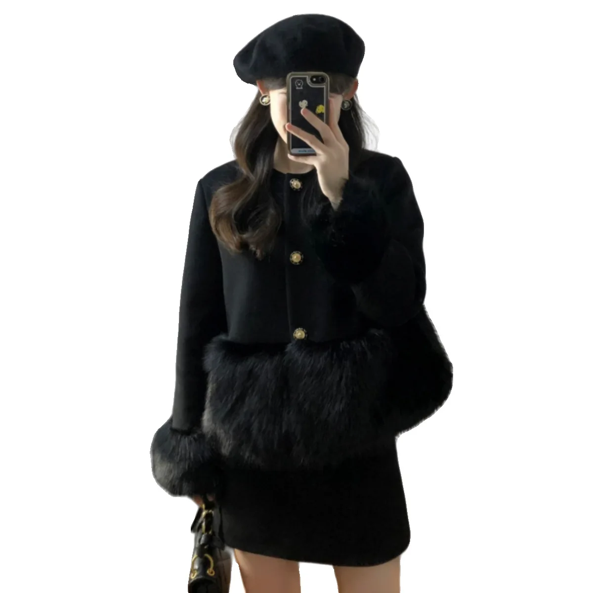 Autumn Winter New Elegant Black Heavy Industry Faux Fur Patchwork Wool Short Coat Two-Piece Overskirt Suit Women\'s Clothing