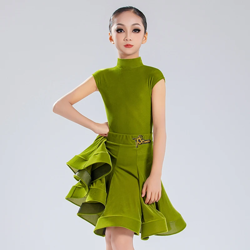 Body verde con mangas de hombro envuelto en terciopelo para niñas, falda grande de espina de pescado, Ropa de baile latino, vestidos de competición de baile de salón