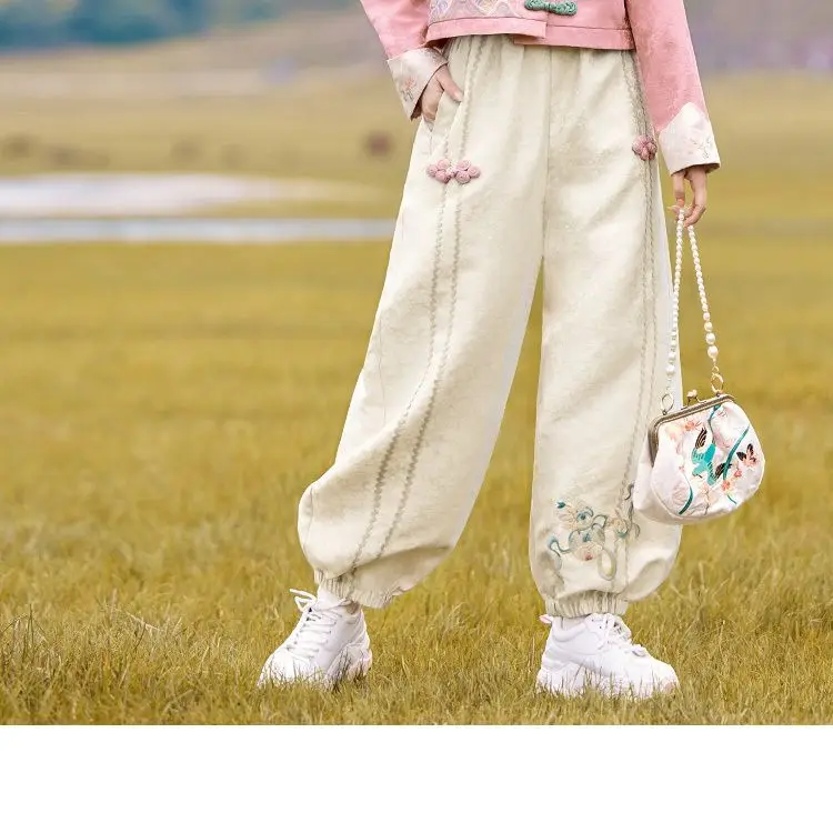 Traditional Chinese Clothing Embroidery Fashion Set Women\'s Coat Top Casual Pants Two Piece Set Spring and Autumn Modern Student