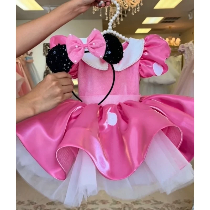 Summer Baby Girl Pink Satin Dress Puff Sleeve Pearl Collar With Mouse Ear Bow Headband for 1st Birthday Party Photography B643