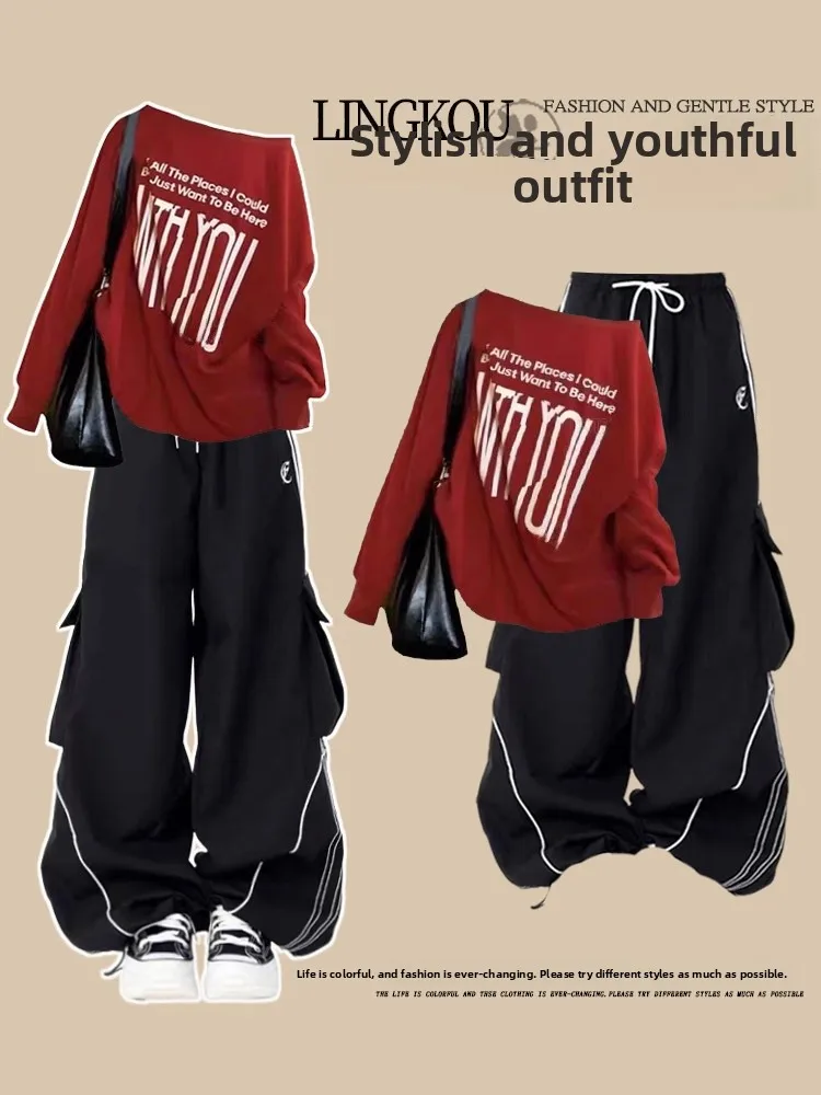 

Осенний повседневный комплект спортивной одежды больших размеров, женский американский антивозрастной свитшот с высокой талией, узкие широкие брюки, две части...