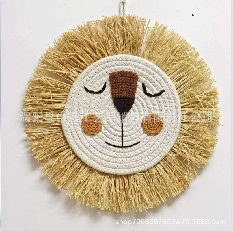 

INS Nordic Handmade Lion Wall Decor Cotton Thread Straw Woven Animal Head Wall Hanging Ornament for Nursery Baby Room Decoration