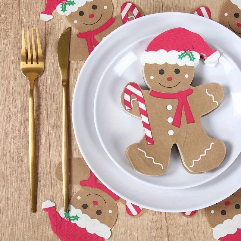 20pcs Gingerbread for Shaped Paper Napkins - Brown Disposable Tissue Napkins with Festive Christmas & New Year Decorations