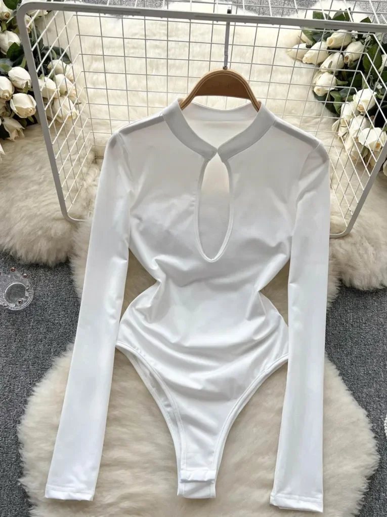 

Foamlina White Black Women Bodysuits Fashion Streetwear New Spring Long Sleeve O Neck Cut Out Front Tight Fit Body Top T-shirts