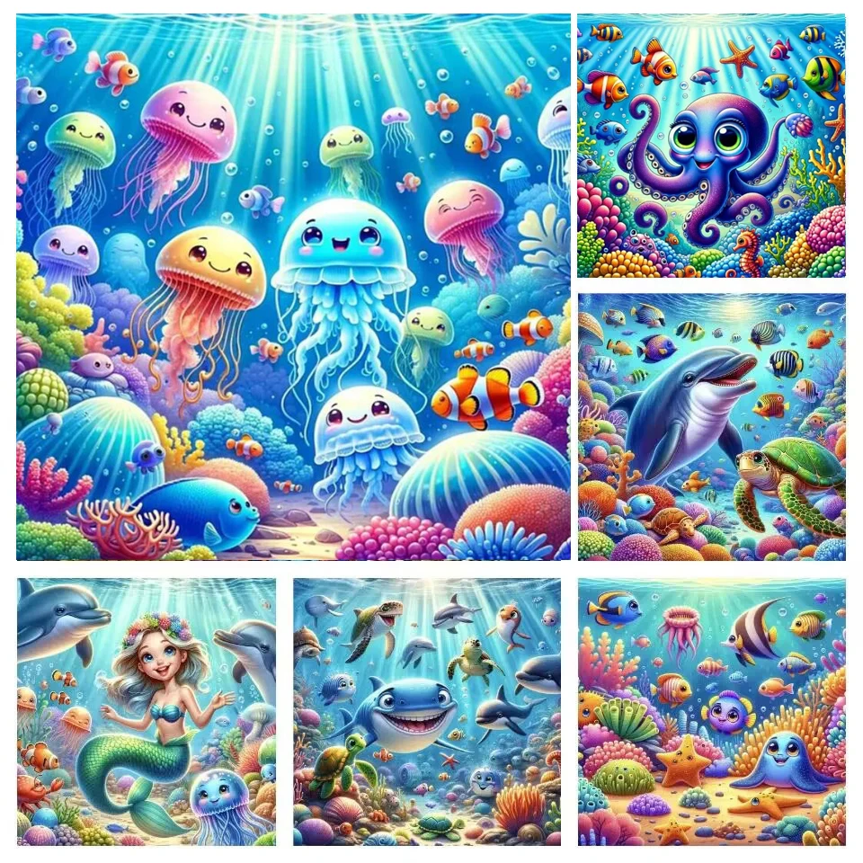 Underwater World Diamond Painting Dolphin Turtle Jellyfish Crab Cross Stitch Kits Landscape Mosaic Embroidery PictureX1413