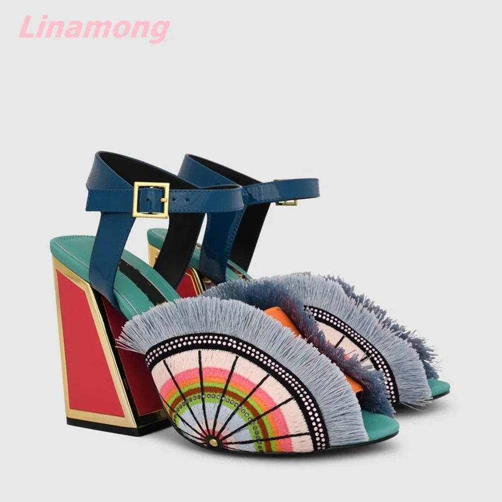 2024 Multi-color Stitching Women Sandals Genuine Leather Novelty Silk Spike Heels Open Toe Buckle Strap Comfortable Hottest