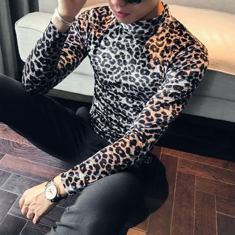 Fashion Leopard T-shirt 2024 Winter Men\'s High Quality Velvet Men\'s Tops Slim High-neck T-shirt Long Sleeve Men T-shirt Camiseta