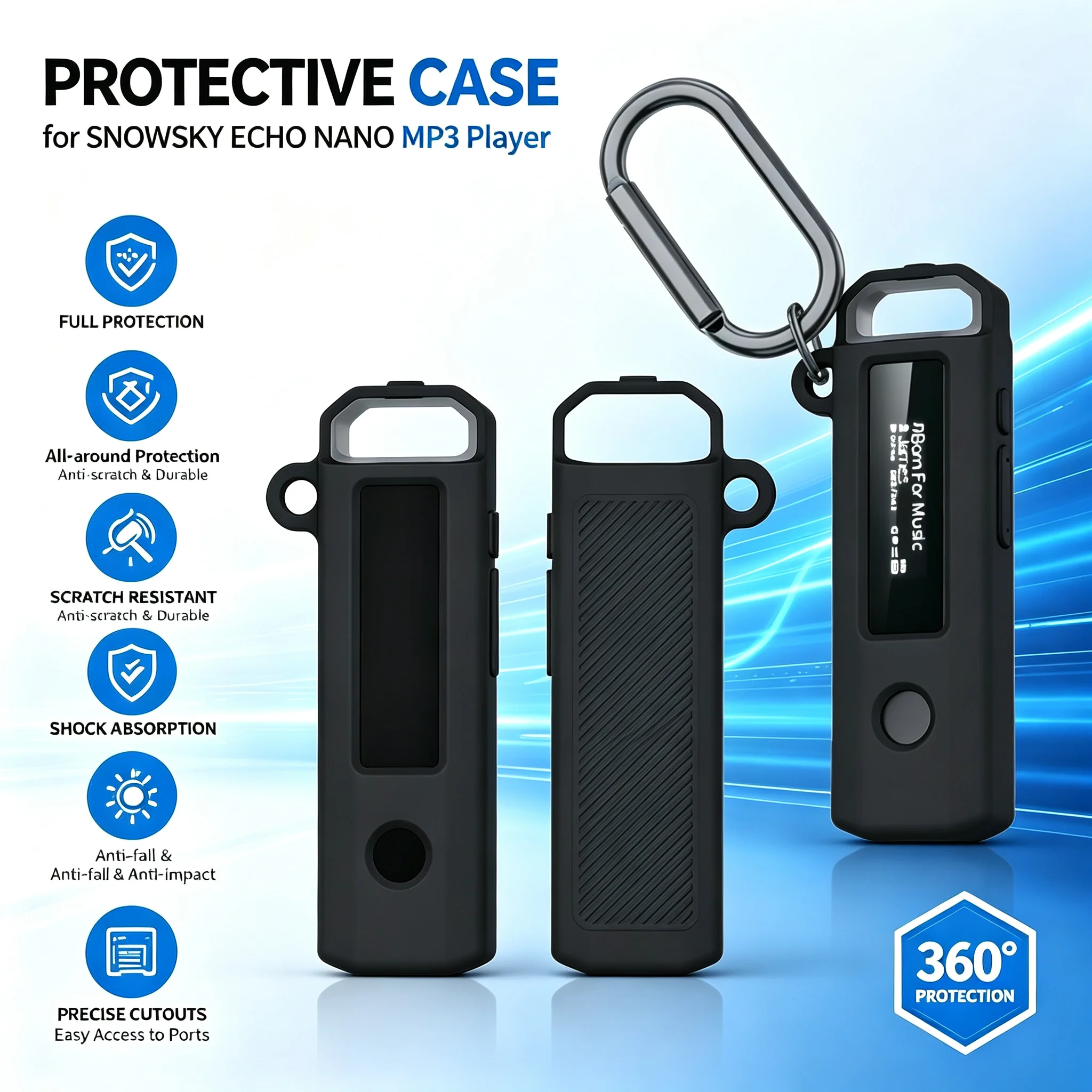For Fiio SnowSky Echo Nano MP3 Player Silicone Protective Case Anti-Scratch Shockproof Shell Cover Acceaaories with Carabiner