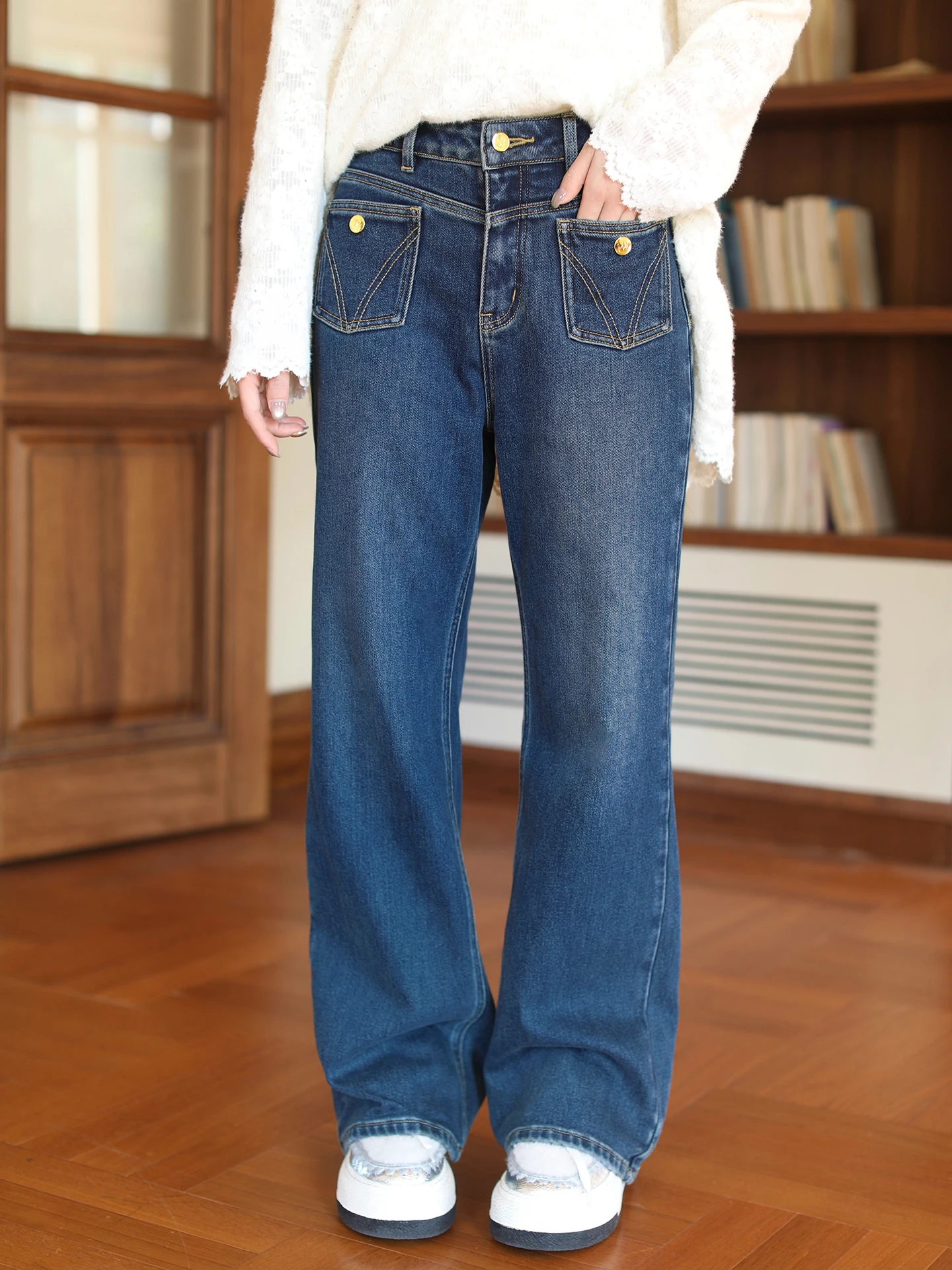 

High Waist Fce Lined V-Ne Denim Straight Leg Pants Slimming Bootcut Jeans Comfortable Cotton Casual High Elastici