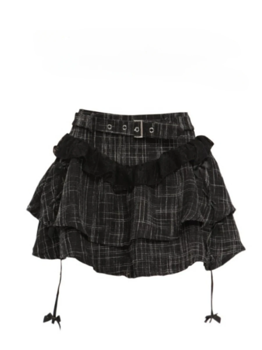 Sweet Cool Style Plaid  Spliced Lace Short Skirts Women's Autumn High Waist Versatile Slimming Cake Tutu Skirt Female Clothing