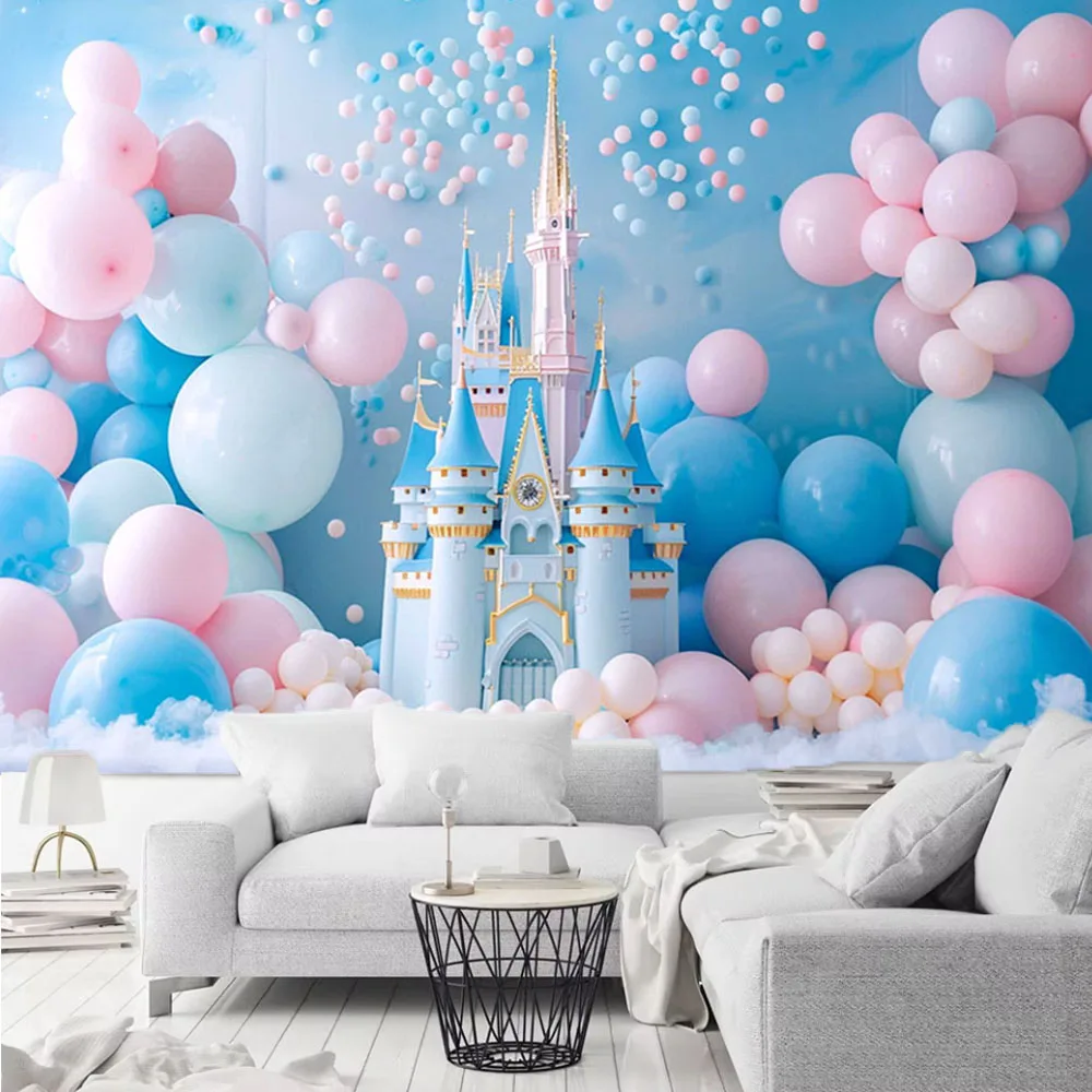 Фон для фотосъемки с изображением замка принцессы для дня рождения девочки розовые фиолетовые воздушные шары цветы торт разбитый ребенок фотореквизит подарки