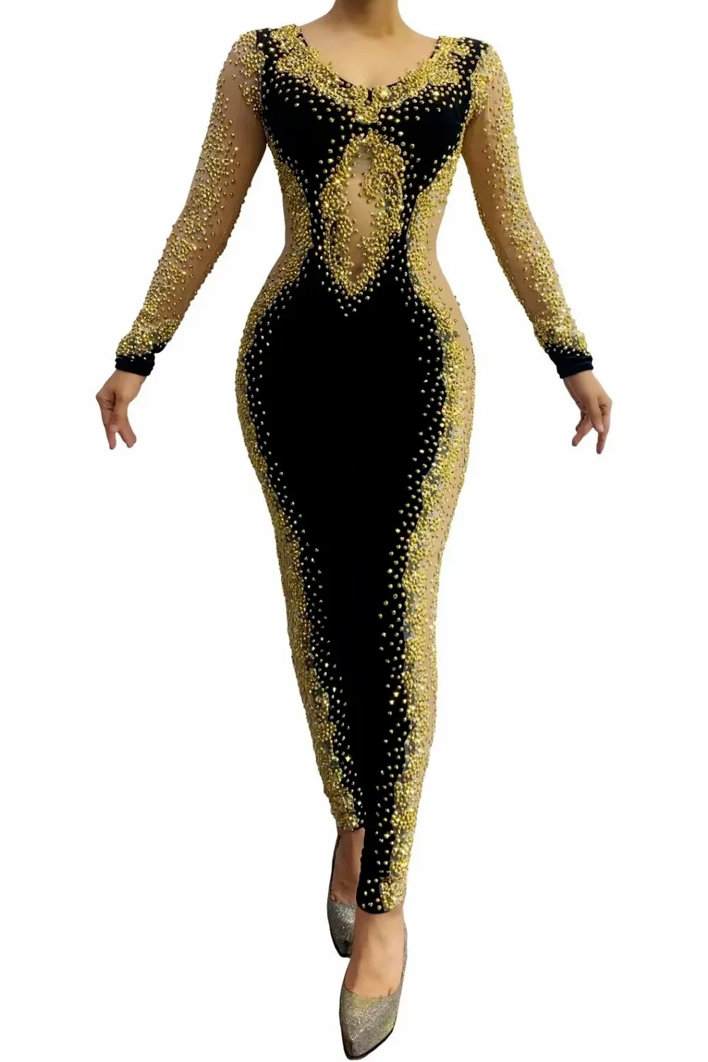 Tuta con strass dorati Sexy Lady Evening Prom Party Diamond Birthday Celebrate Outfit Singer Stage Wear Costume da ballo