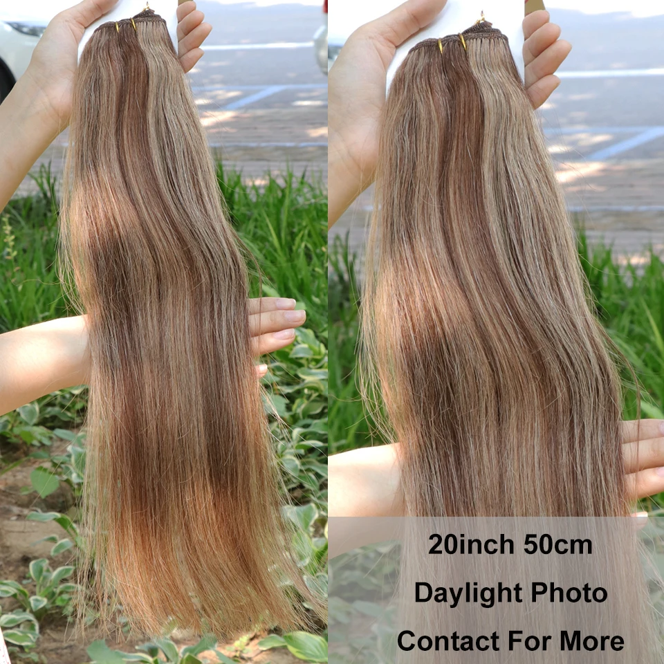 人間の髪の毛の束、ブロンドの機械製レミー毛ストレート人毛束、12、16、20、24インチ、縫い付け式ヘアエクステンション