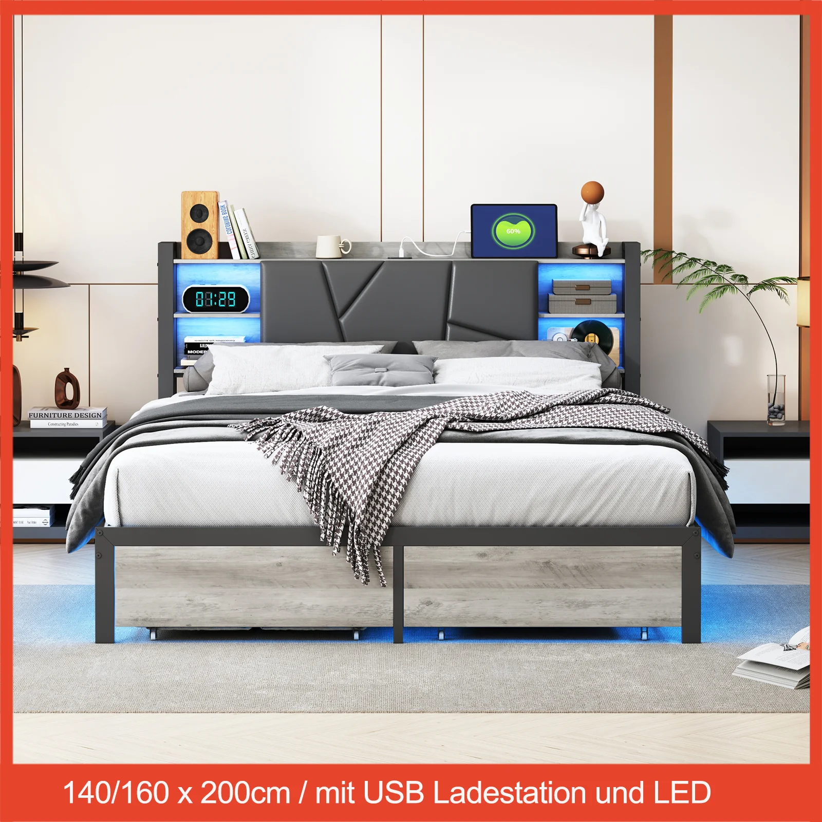 Double Bed with Metal Slatted Base,Platform Bed Frame with LED and 2 Drawers,Headboard with Storage Space,without mattress