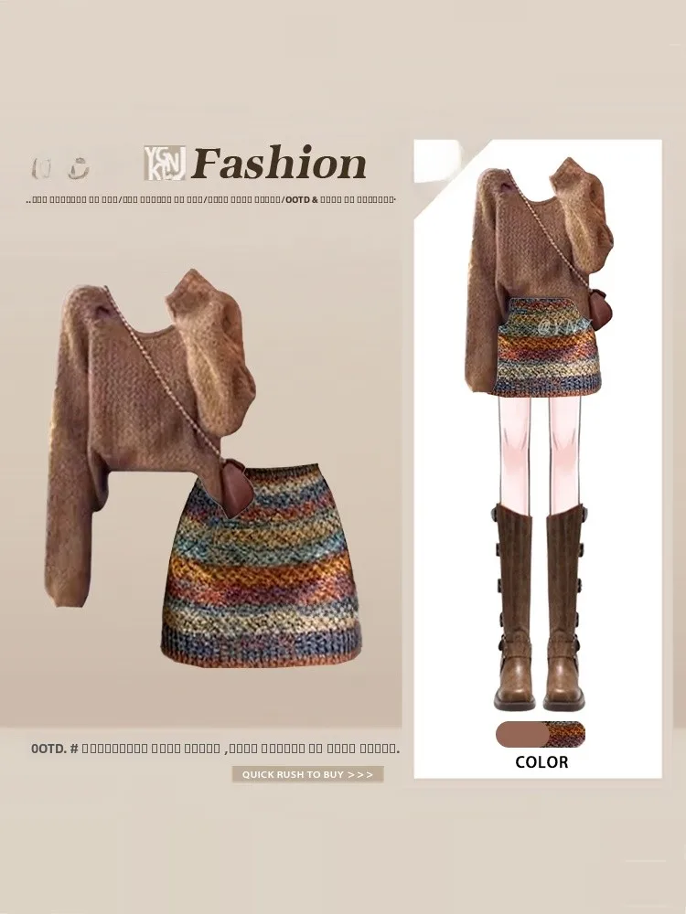 

Мягкий уютный круглый трикотаж в полоску в стиле ретро, комплект с юбкой для женщин, осенне-зимний универсальный комплект из двух предметов небольшого размера, моющийся...