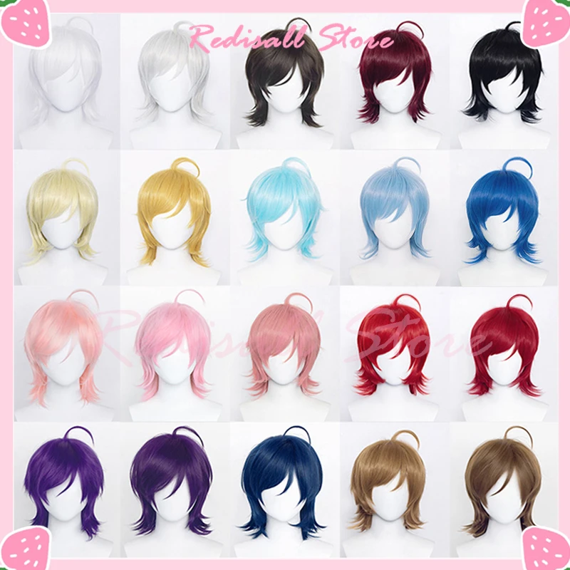 37Cm Wig Cosplay Mullet Pendek Multiwarna Dasar Keriting Rambut Sintetis Tahan Panas Halloween Natal Pria Wig Dasar Permainan Anime