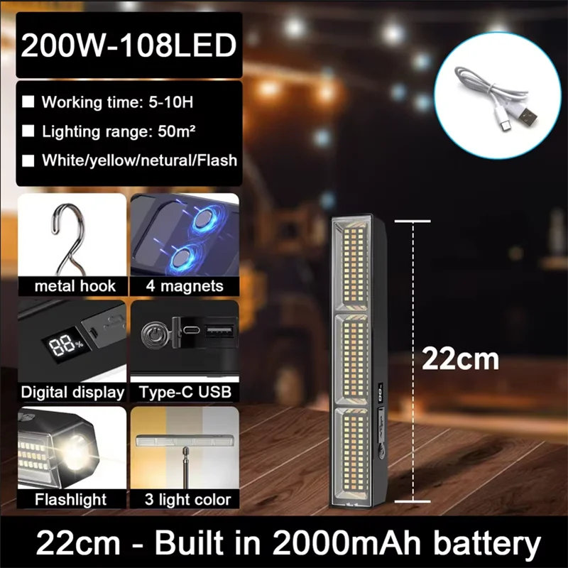 【Krachtige magnetische LED-lichtbalk】 2026 nieuwe draagbare USB oplaadbare werklamp 3 modi IP66 waterdichte noodstroombank