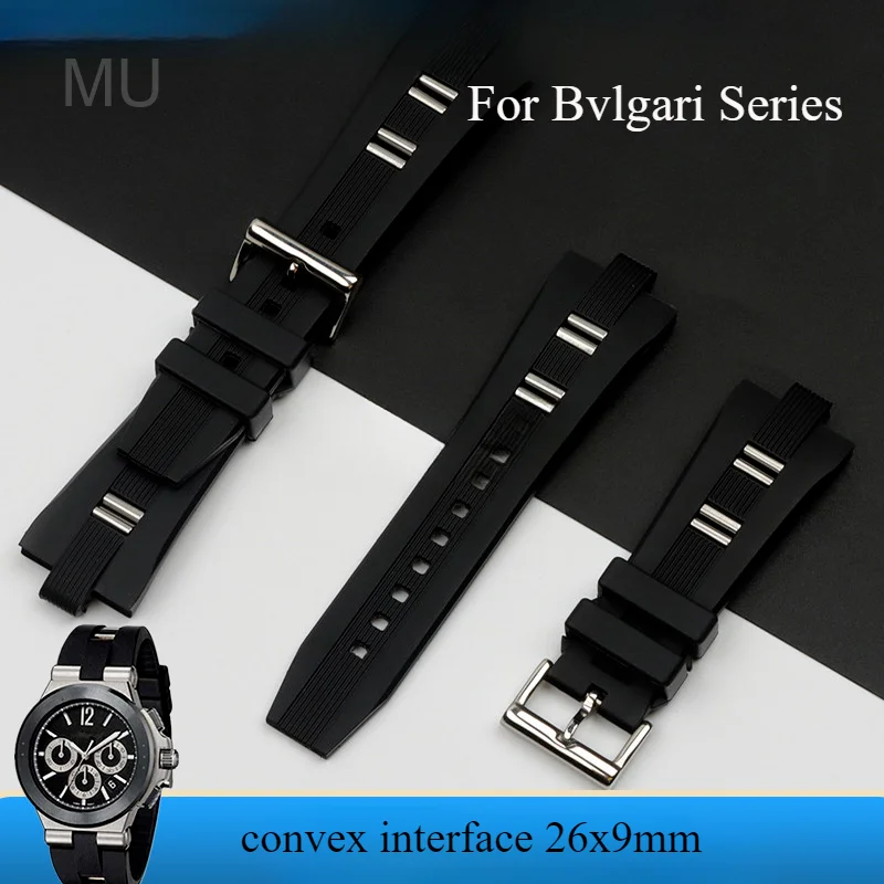 

High Quality Rubber Silicone Watchbands for Bvlgaryi Series Black with Male/female Convex Interface Strap 26x9mm