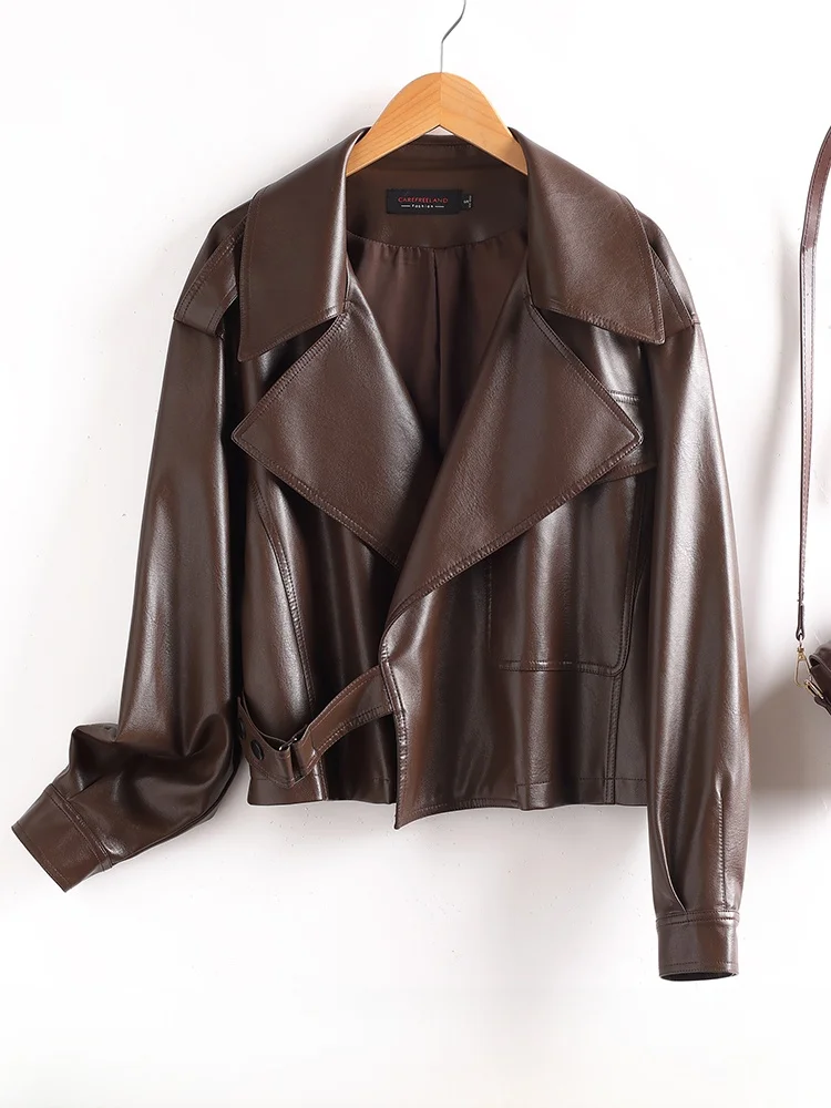 

Leather Jaet Women's ort Heavy Du 2025 Spring Autumn New Sle Personali Motorcycle Hair eepskin Korean Version Coat