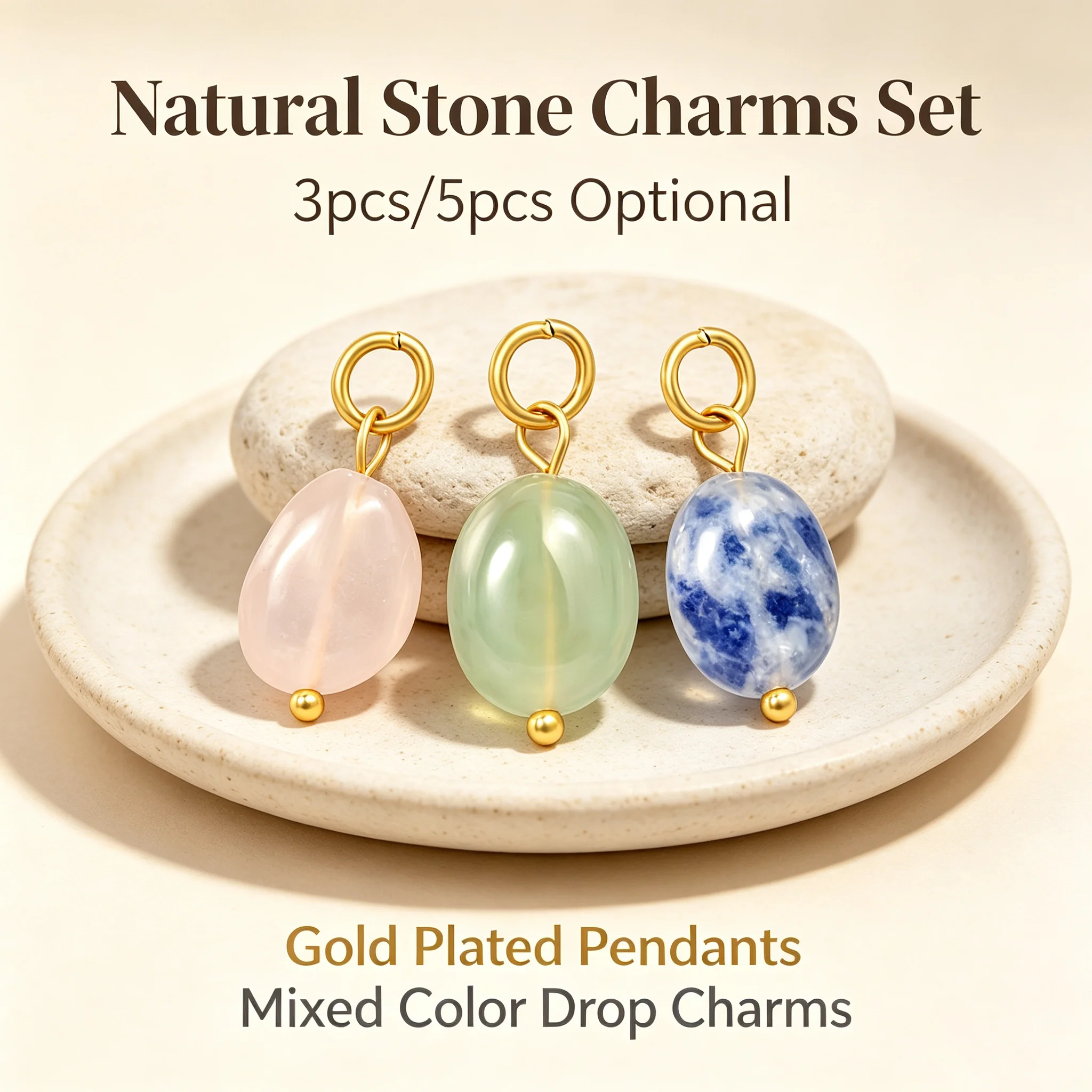 Natural Stone Drop Charms Gold Plated Pendants, Factory Direct, 3Pcs/5Pcs Optional for DIY Bracelet Necklace Jewelry Making