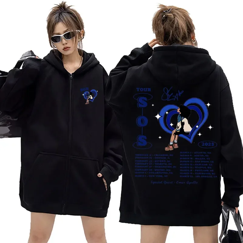 

Singer SZA Album SOS Tour Graphic Zipper Hoodies Men's Women's Vintage Hip Hop Hooded Sweatshirts Street Fashion Trend Pullovers