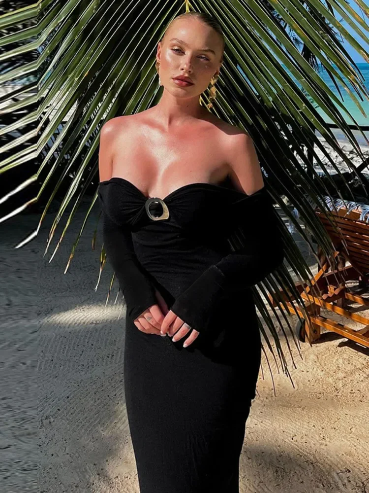 オフショルダー長袖セクシーマキシワンピース レディース 秋新作 ストラッ プレス バックレス ボディコン エレガント クラブ パーティー ロングドレス