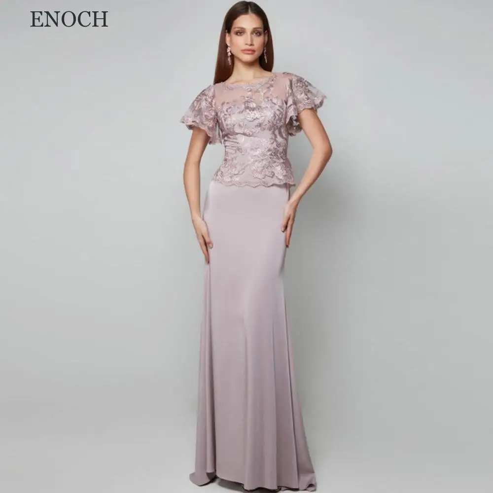 ENOCH Elegant O-Neck Mermaid Mother Of The Bride Dress Lace Appliques Party Dresses Short Sleeves Vestido De Mujer Sweep Train