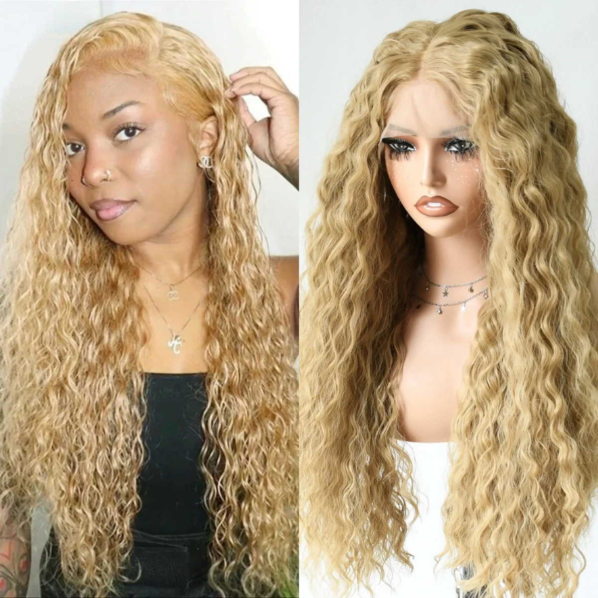 

Парик с кружевной передней частью 13x4 HD, синтетический, термостойкий, с эффектом водной волны, предварительно прорезанный, без клея, для женщин, цвет: грязно-русый, с лохматыми кудрями.