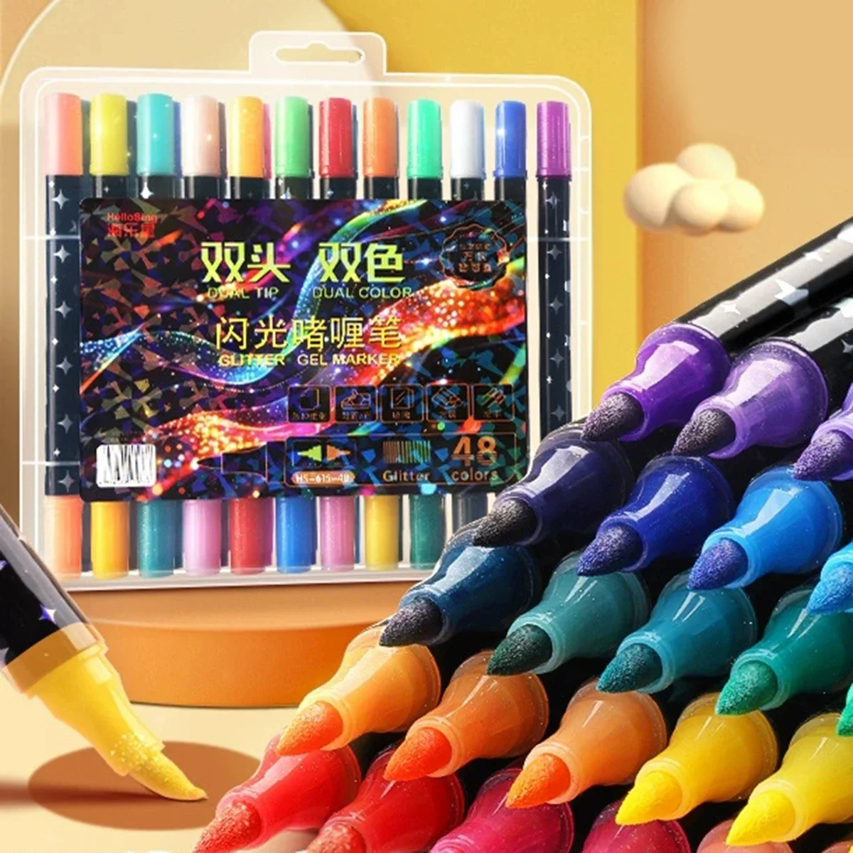 12/24/36Pcs Glitter Marker Pens, Dual Tip Dual Colors Highlighter, for Fabric Ceramic Rock Painting DIY Journal Art Supplies