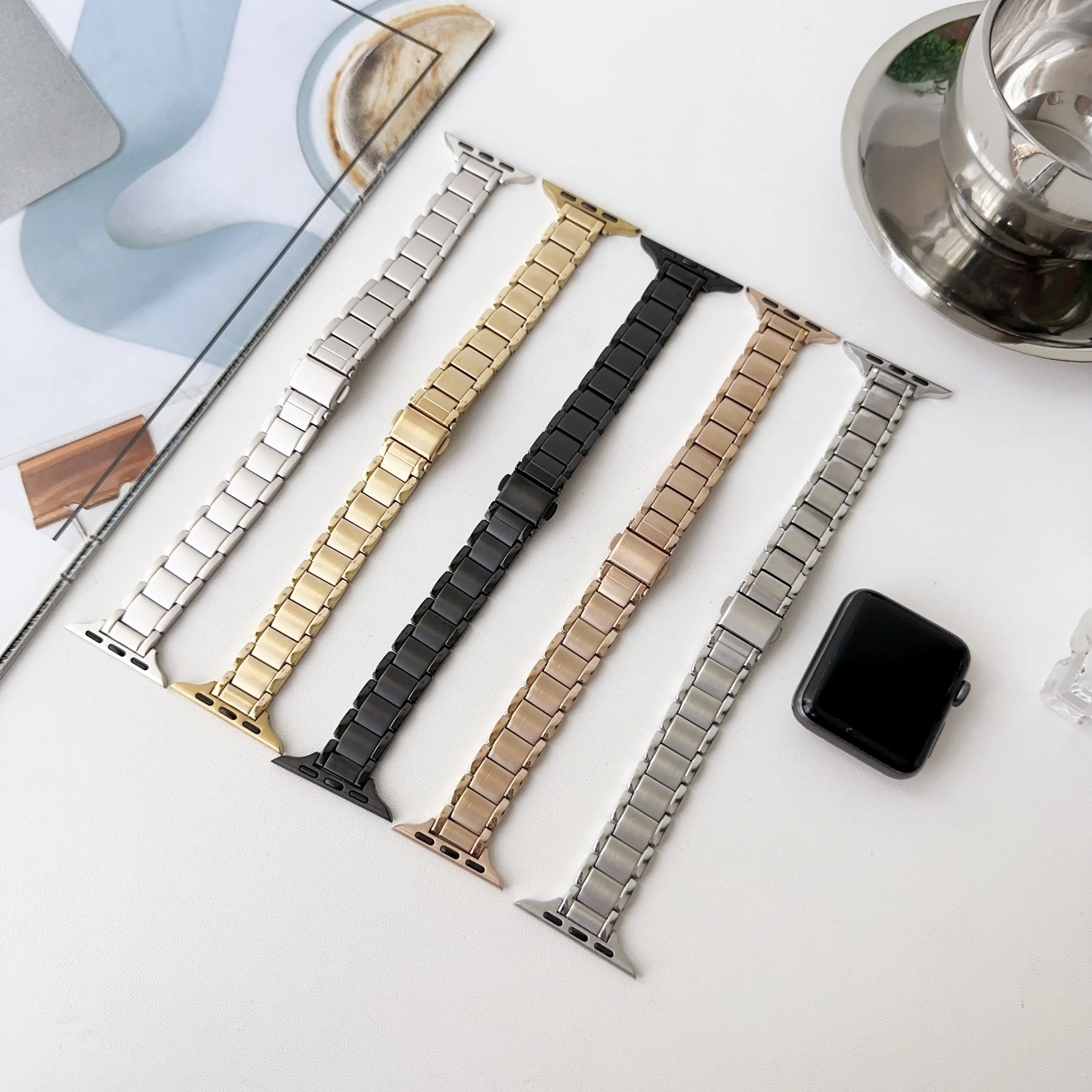 3 Beads Stainless Steel Watch Bands for Apple Watch Strap Wrist Bracelet for iWatch Smart Watch 40 42 44 45 mm Metal Watchbands