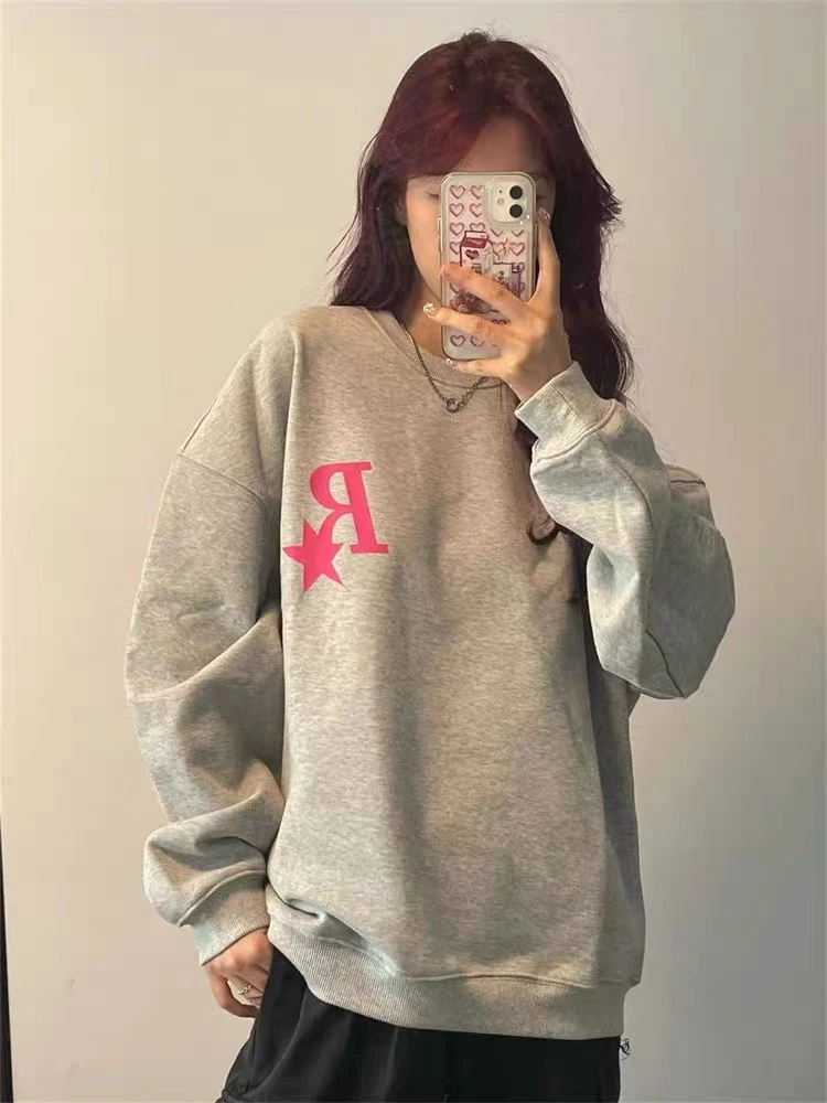 Summer Women's Oversized Hoodies Sweatshirts Long Sleeve Star Letters Printed Gray Shirt Loose Comfortable Trend Couple Coat