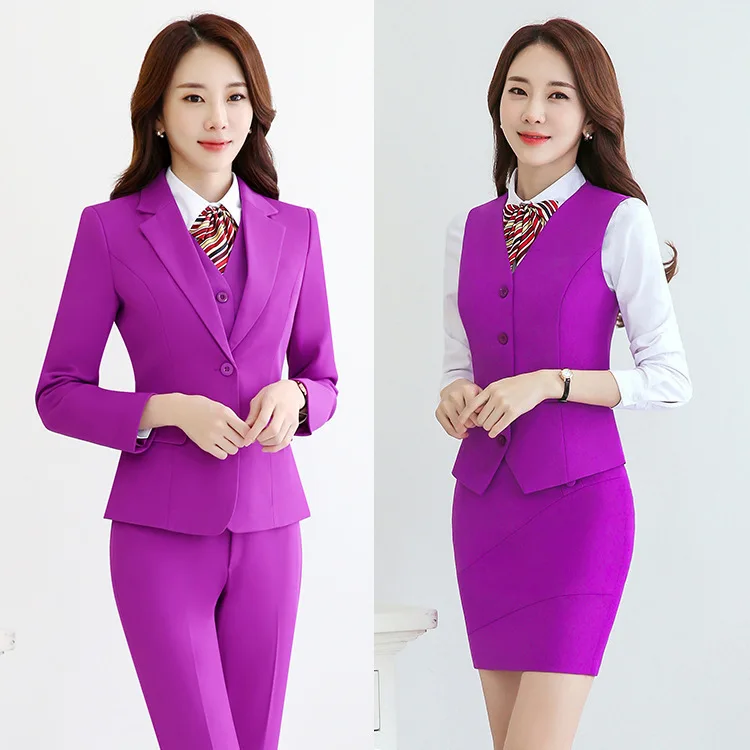 Women Business Suits with 4 pieces Jackets + Pants + Vest & Waistcoat and Blouse with Tie Pantsuits Pants Suits OL Work Wear