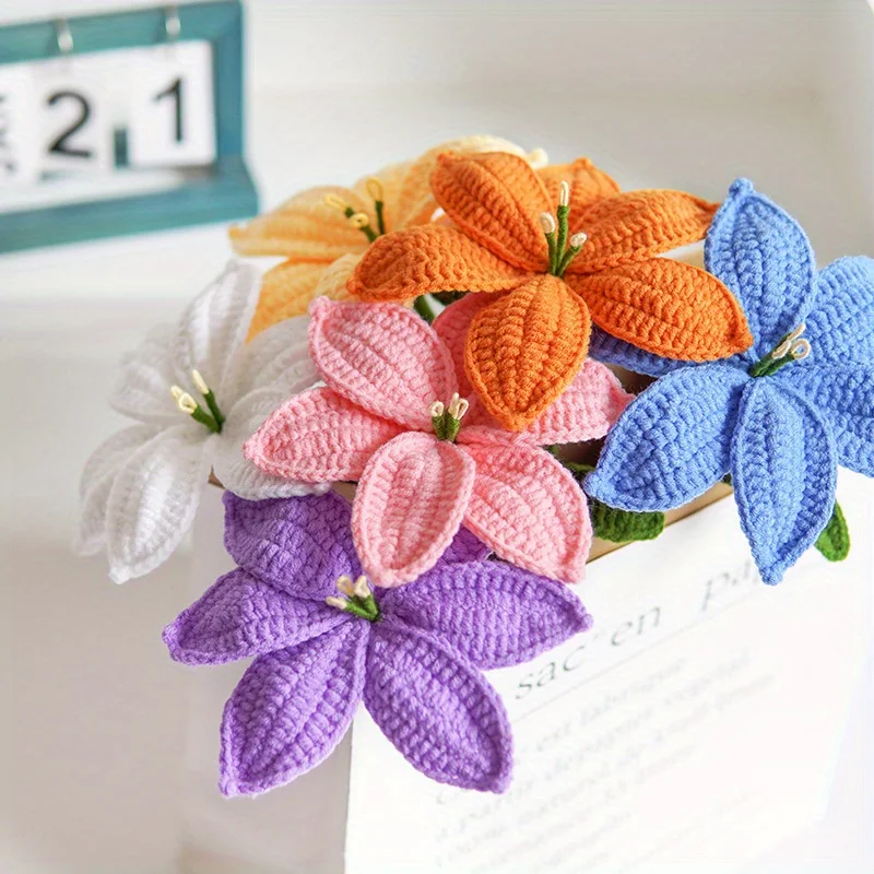 Woven Lily Flower Hand-knitted finished bouquet, artificial wool knitted fake flowers, Teacher's Day bouquet